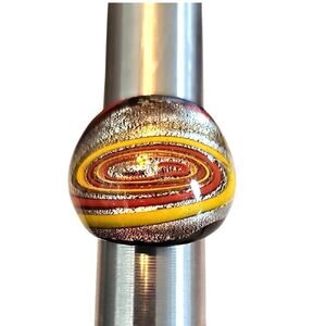 Vintage Tornado Eye Handmade Glass Swirl Ring in Yellow Red Silver Black Size 8